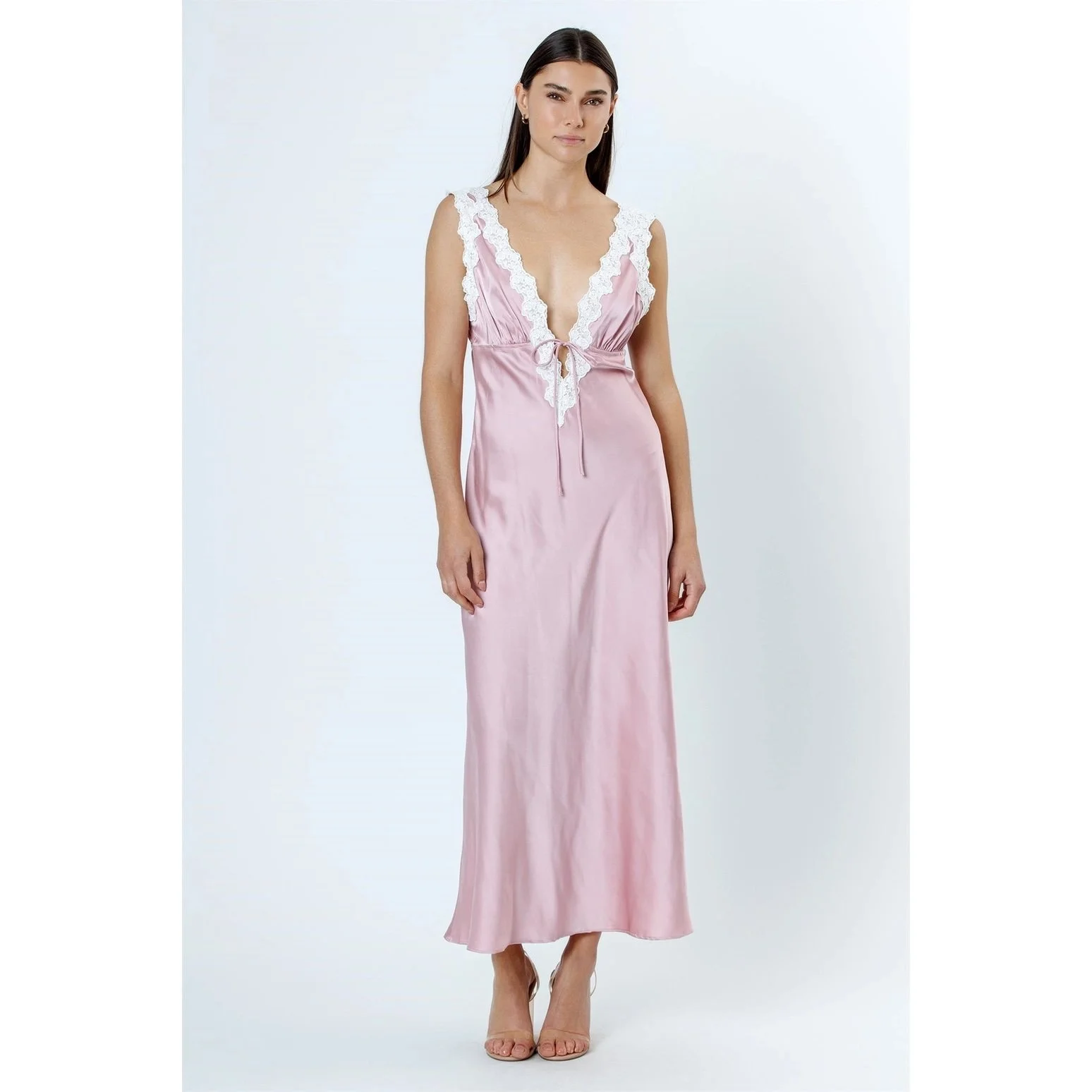 Lace V-neck Satin Maxi Dress Dusty Rose