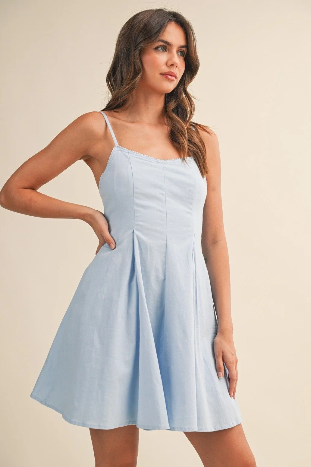 Picot Lace Trimmed Mini Dress Light Blue