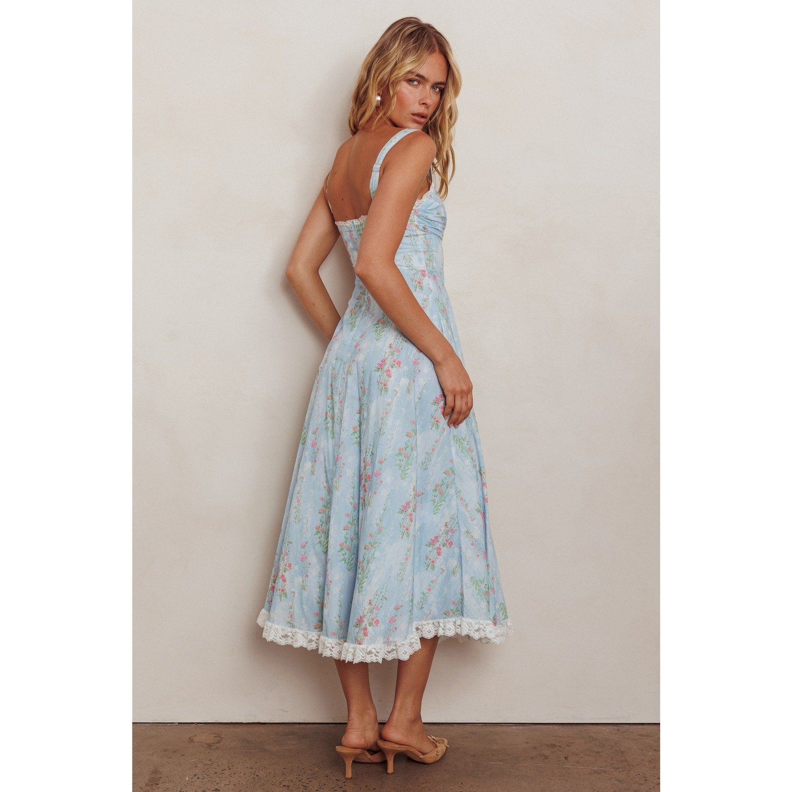 Lace Trimmed Midi Sundress Blue Floral