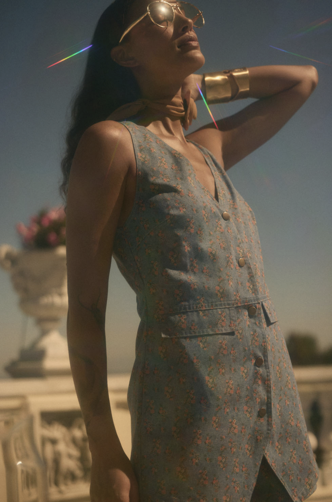 Sleeveless Vest Romper Denim Floral Print