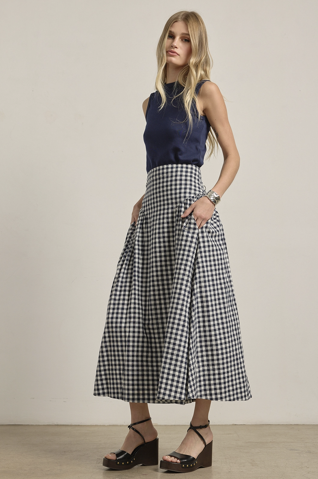 Hip Pleat Midi Skirt Navy Gingham