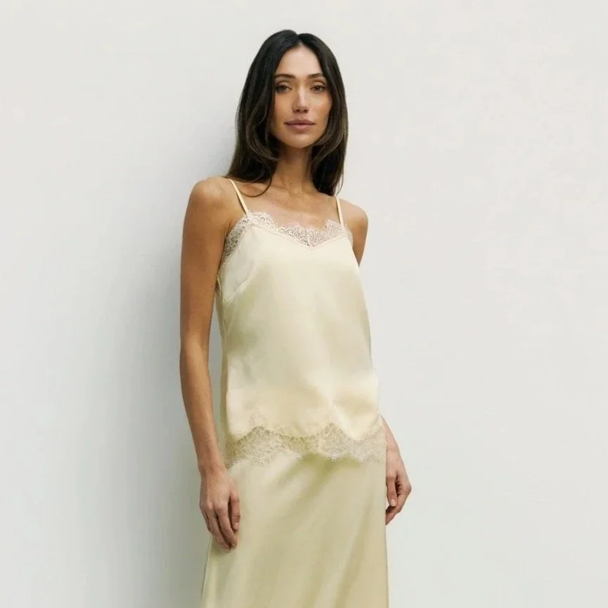 The Gabrielle Satin Lace Tank Top Yellow