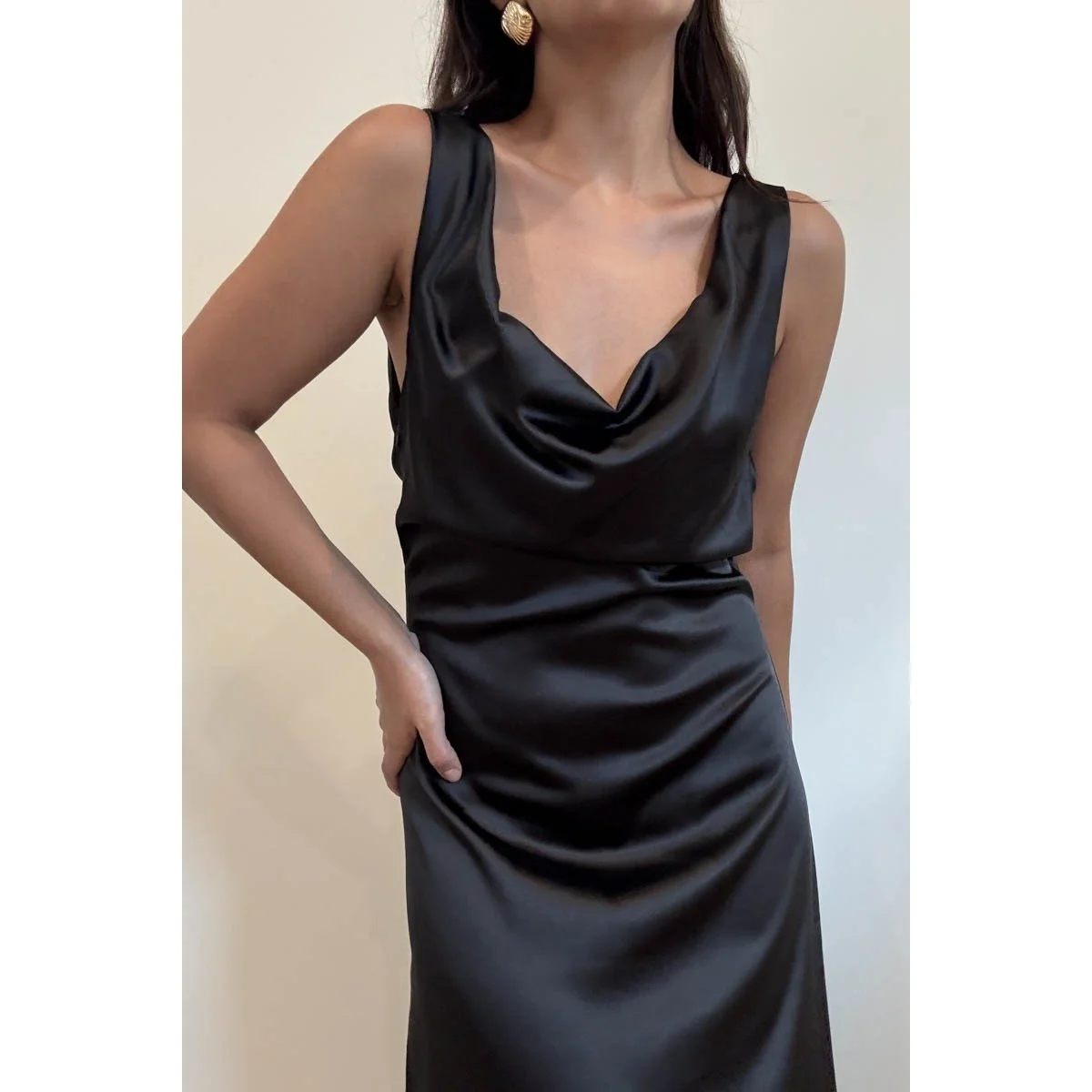 Cowl Neck Plunging Back Satin Dress Black