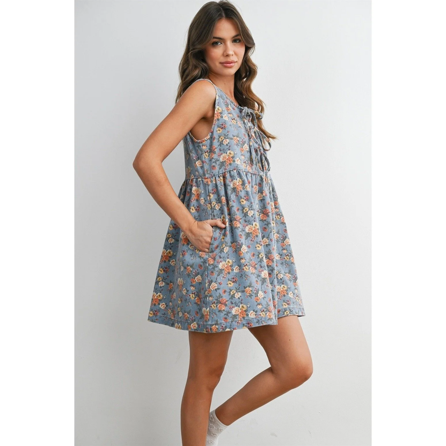 Tie-Front Babydoll Dress Denim Floral