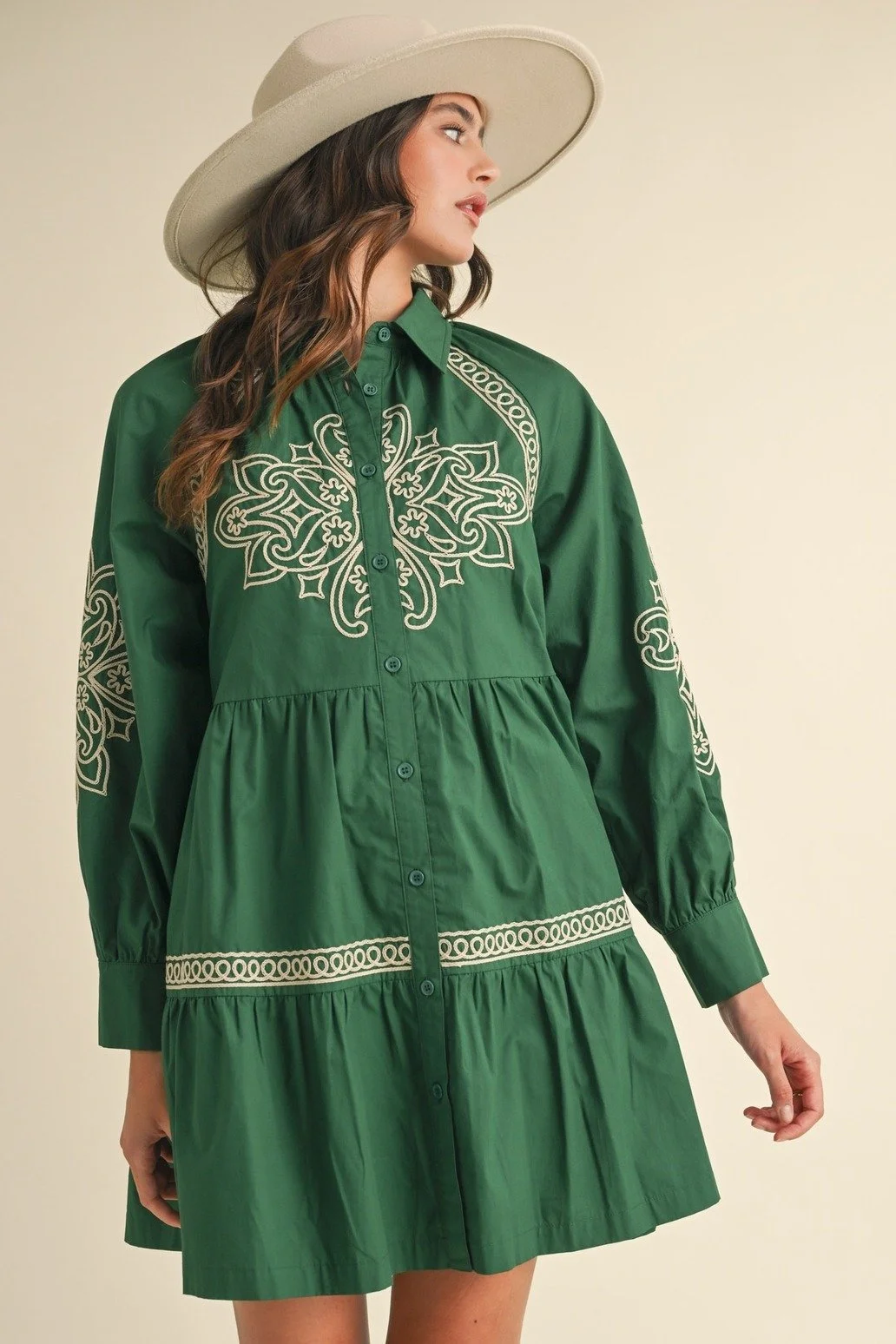 Embroidered Button Down Mini Dress Kelly Green