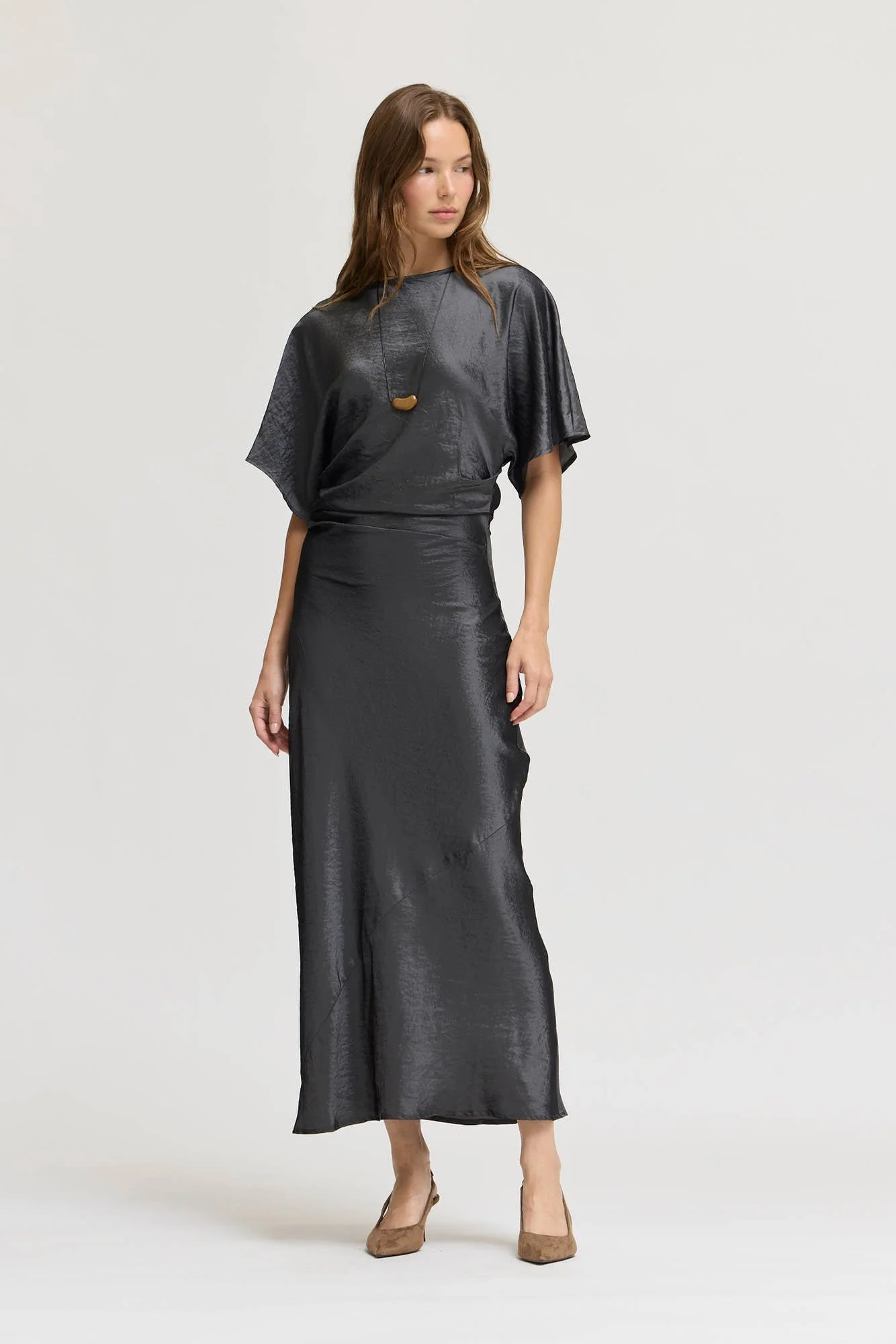 Ruched Waist Satin Midi Dress Granite