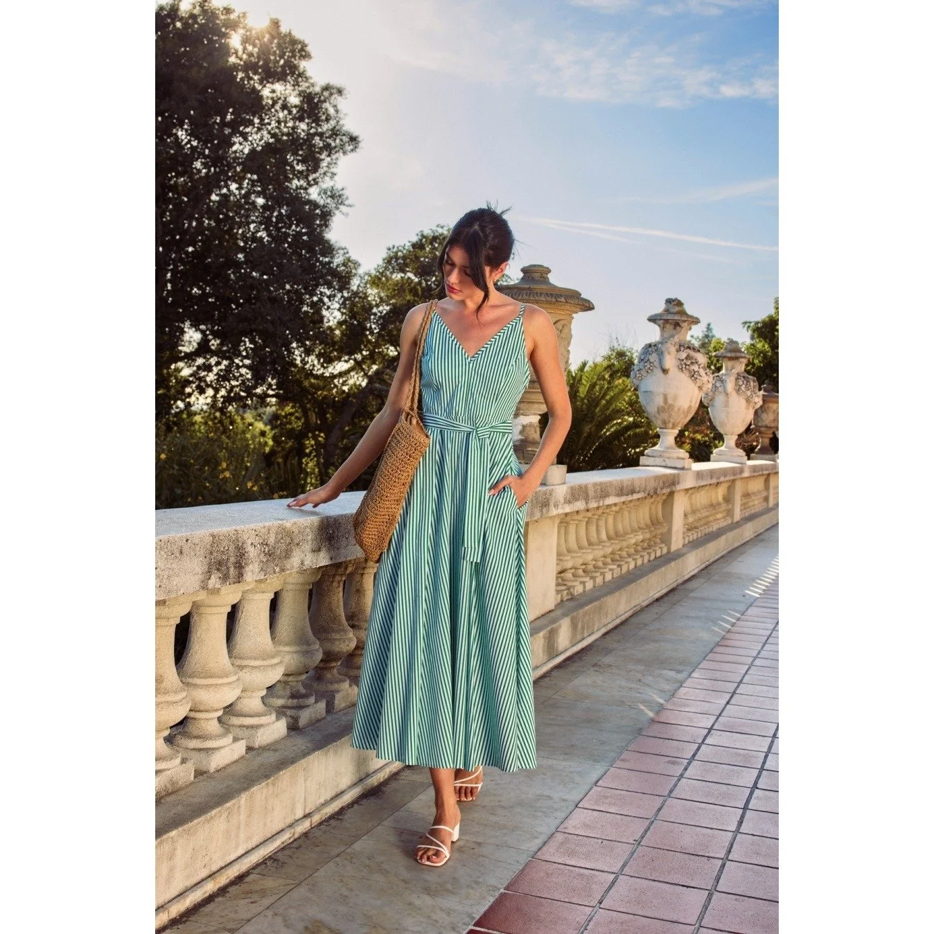V-neck Midi Sundress Kelly Green Stripe