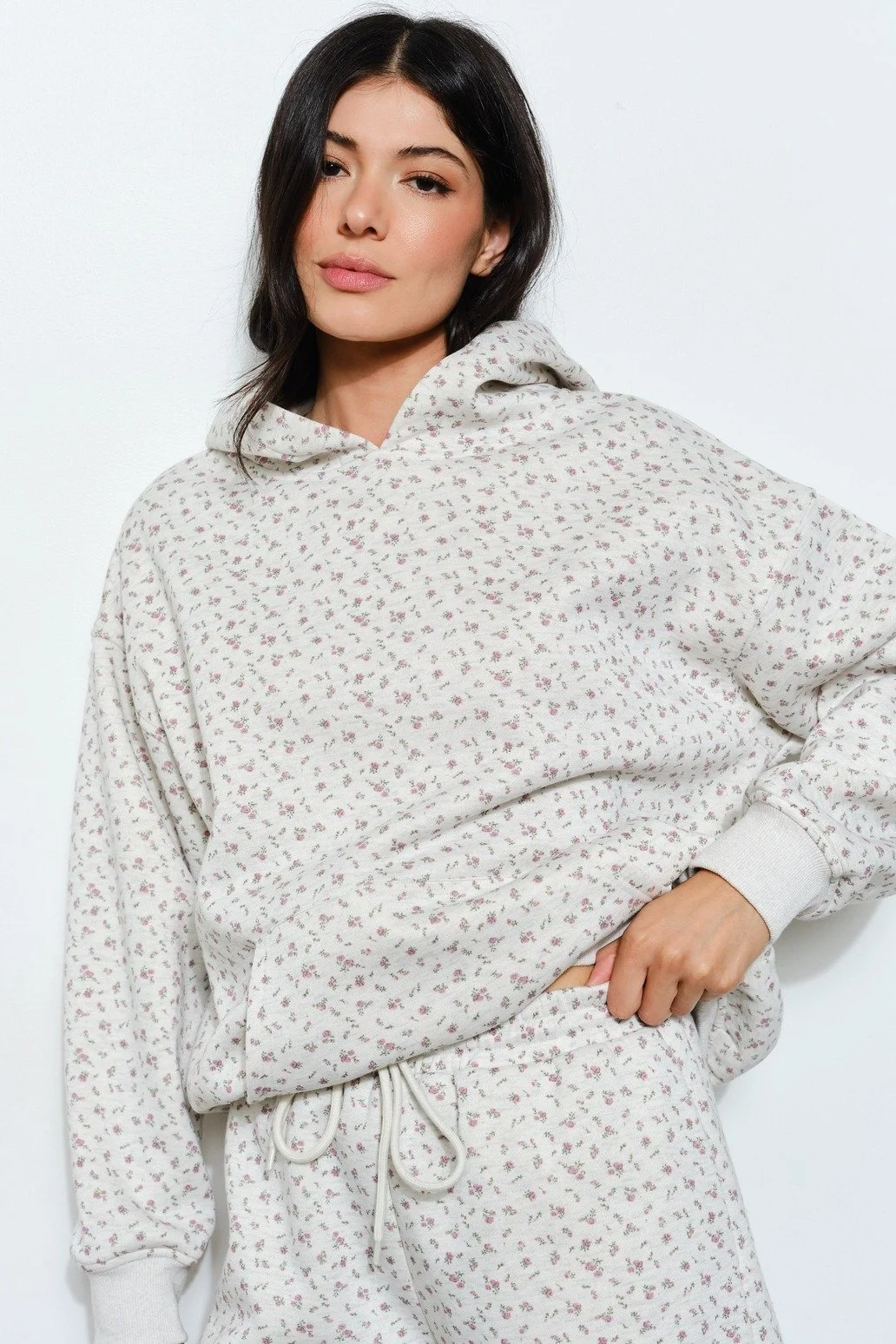 Mauve Ditsy Floral Print Hoodie Heather