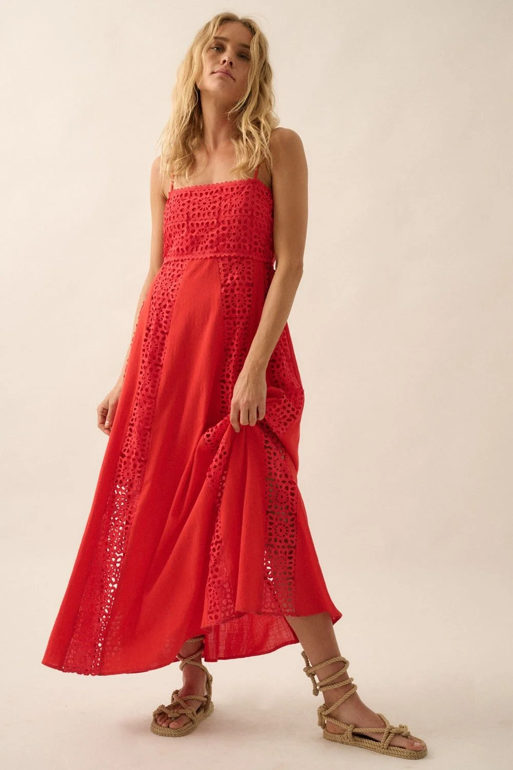 Crochet & Crepe Paneled Midi Dress Coral Red