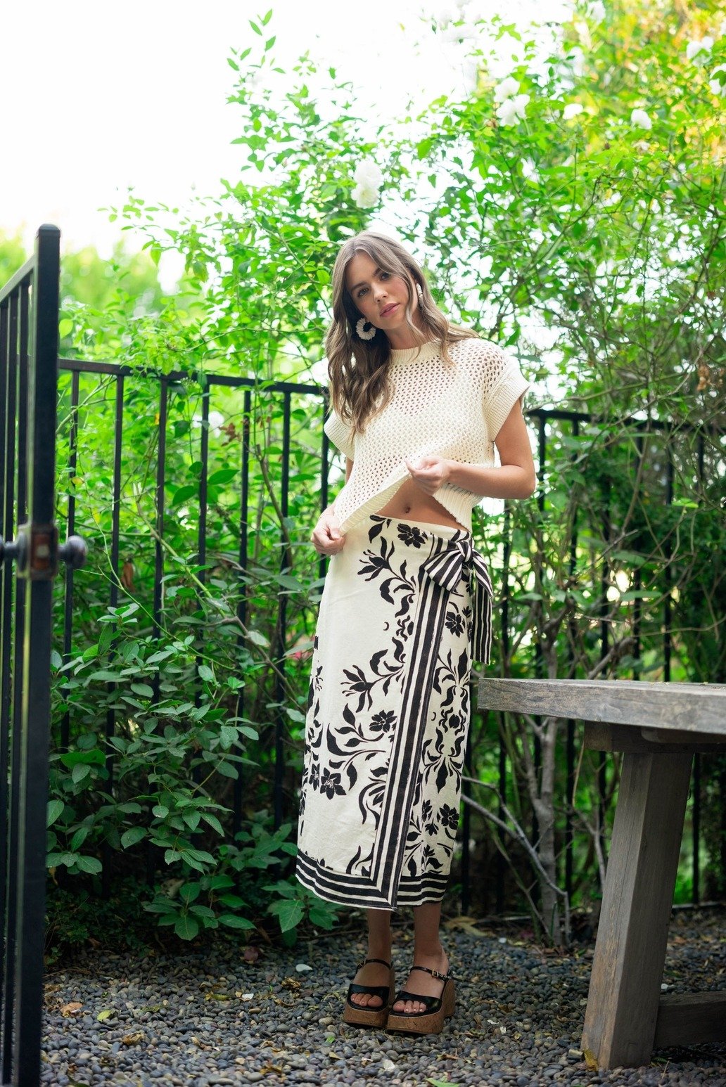 Floral Linen Wrap Skirt Cream & Black