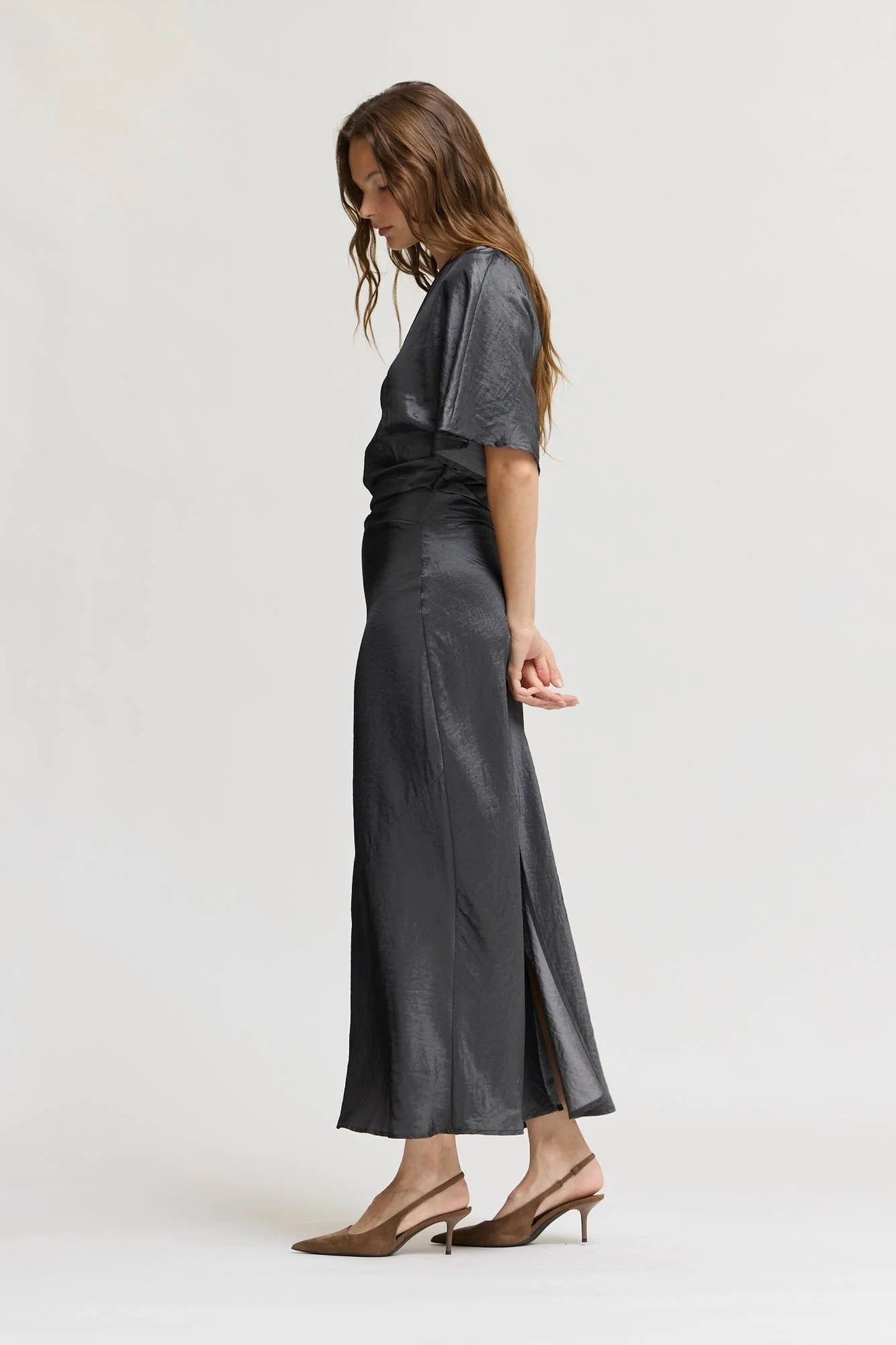Ruched Waist Satin Midi Dress Granite