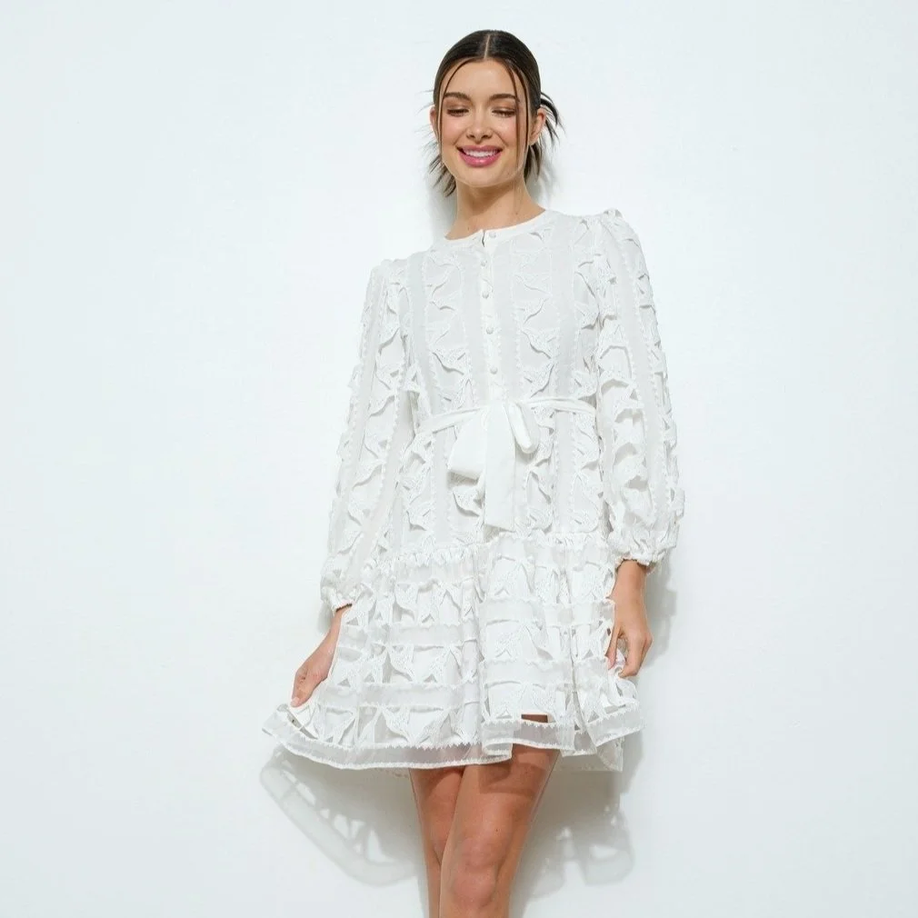 Lace Button Front Puff Sleeve Mini Dress White