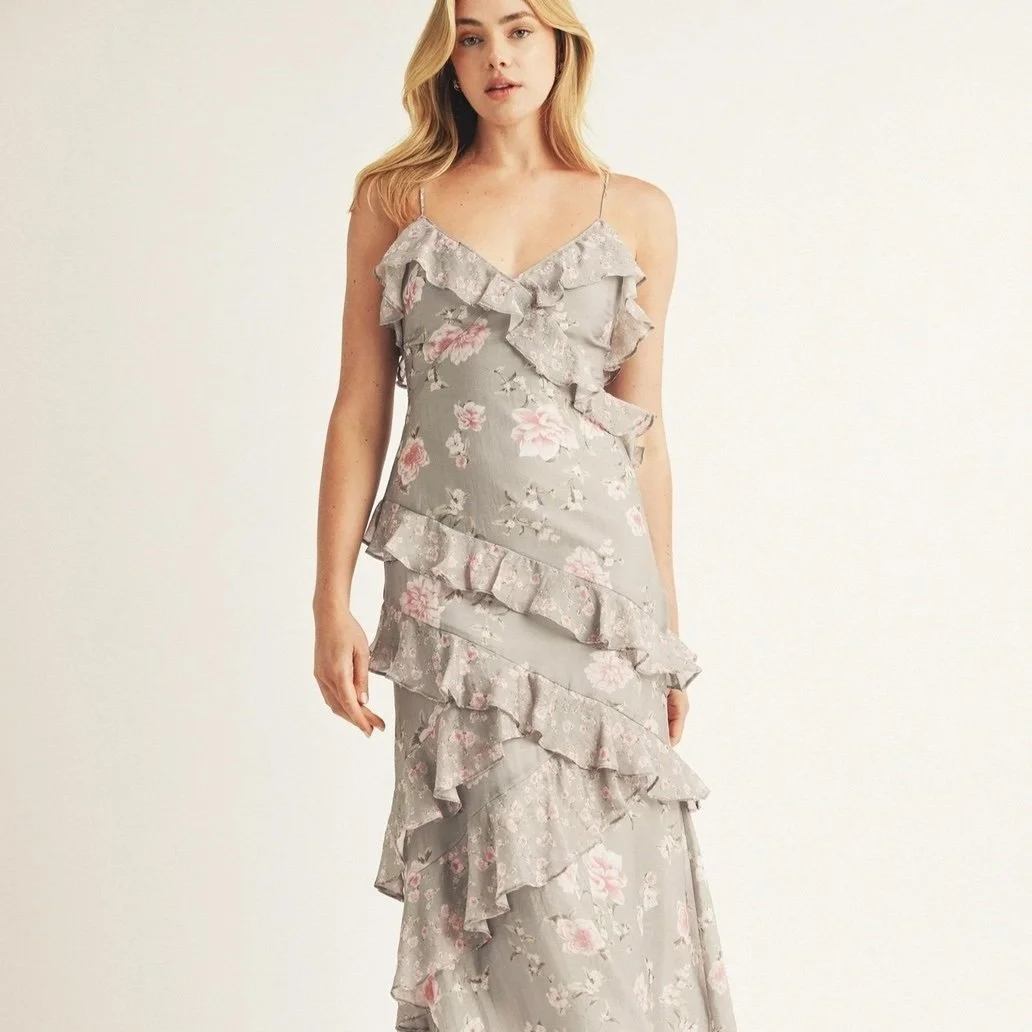 Ruffle Maxi Slip Dress Grey & Pink Floral