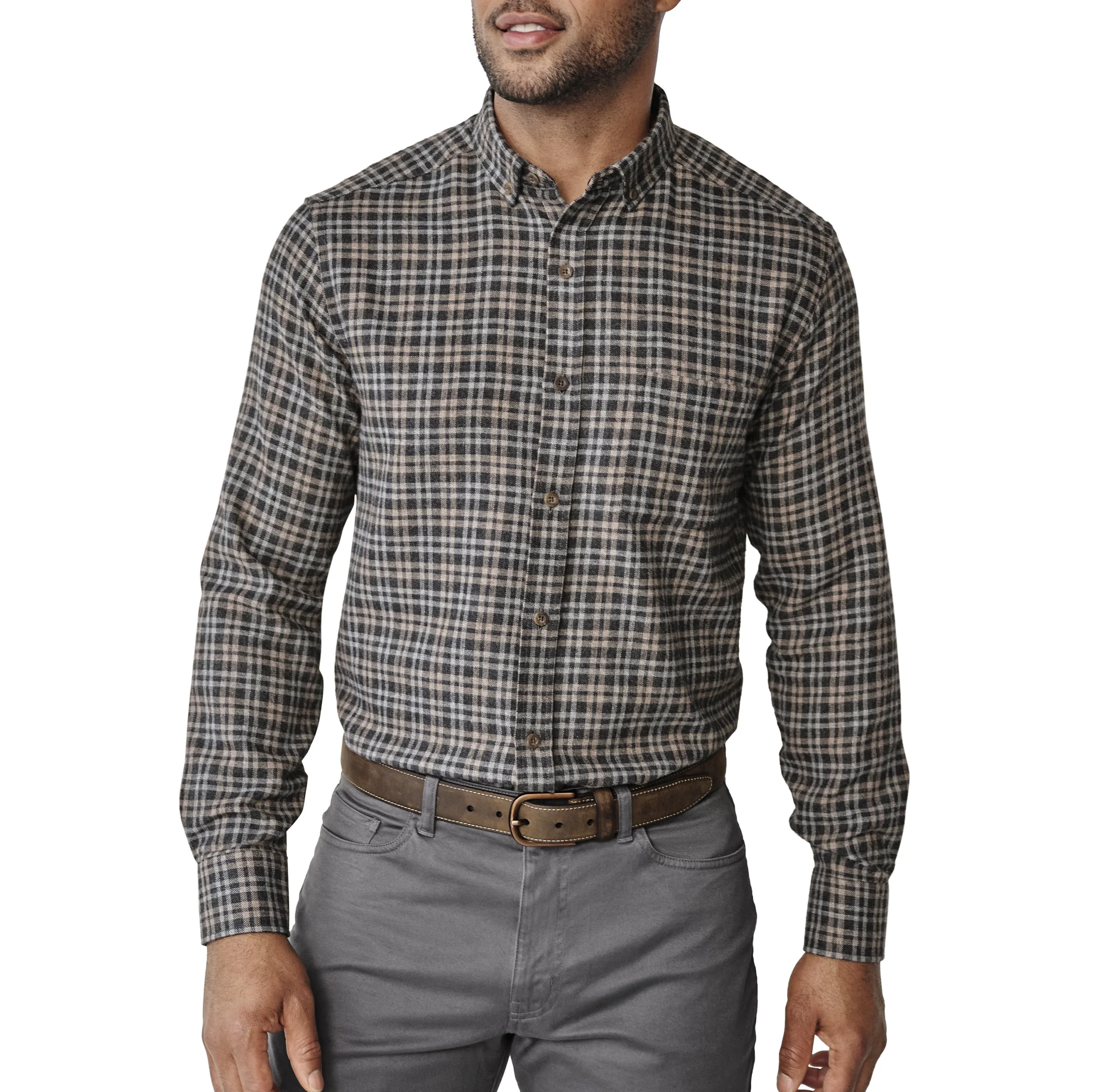 Johnston & Murphy Neal Heathered Shirt Charcoal/Tan Split Plaid