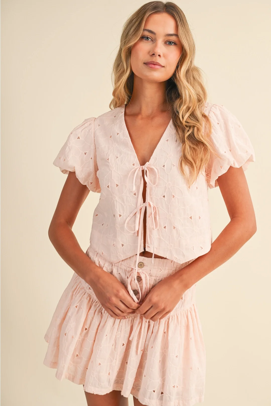 Floral Eyelet Puff Sleeve Top & Mini Skirt Set Blush