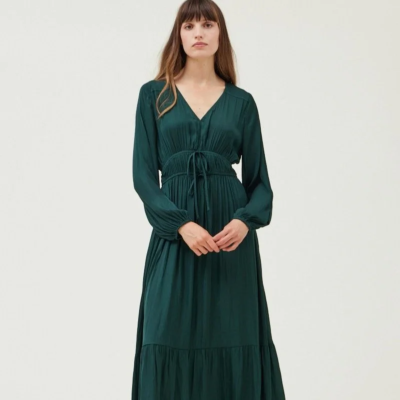 Tiered Satin Maxi Dress Deep Emerald