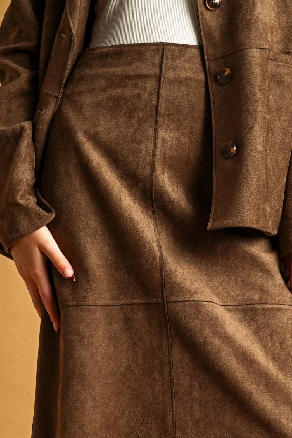 Faux Suede Straight Midi Skirt Brown