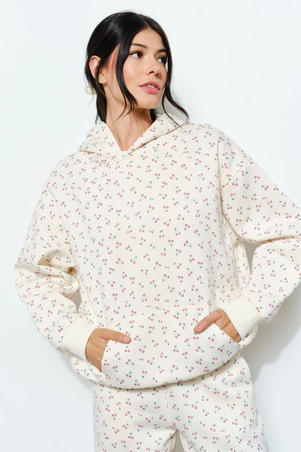 Beverly Cherry Print Hoodie Cream