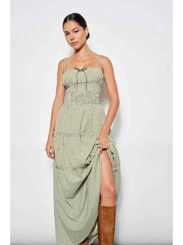 Carol Smocked Tiered Maxi Dress Olive Gingham