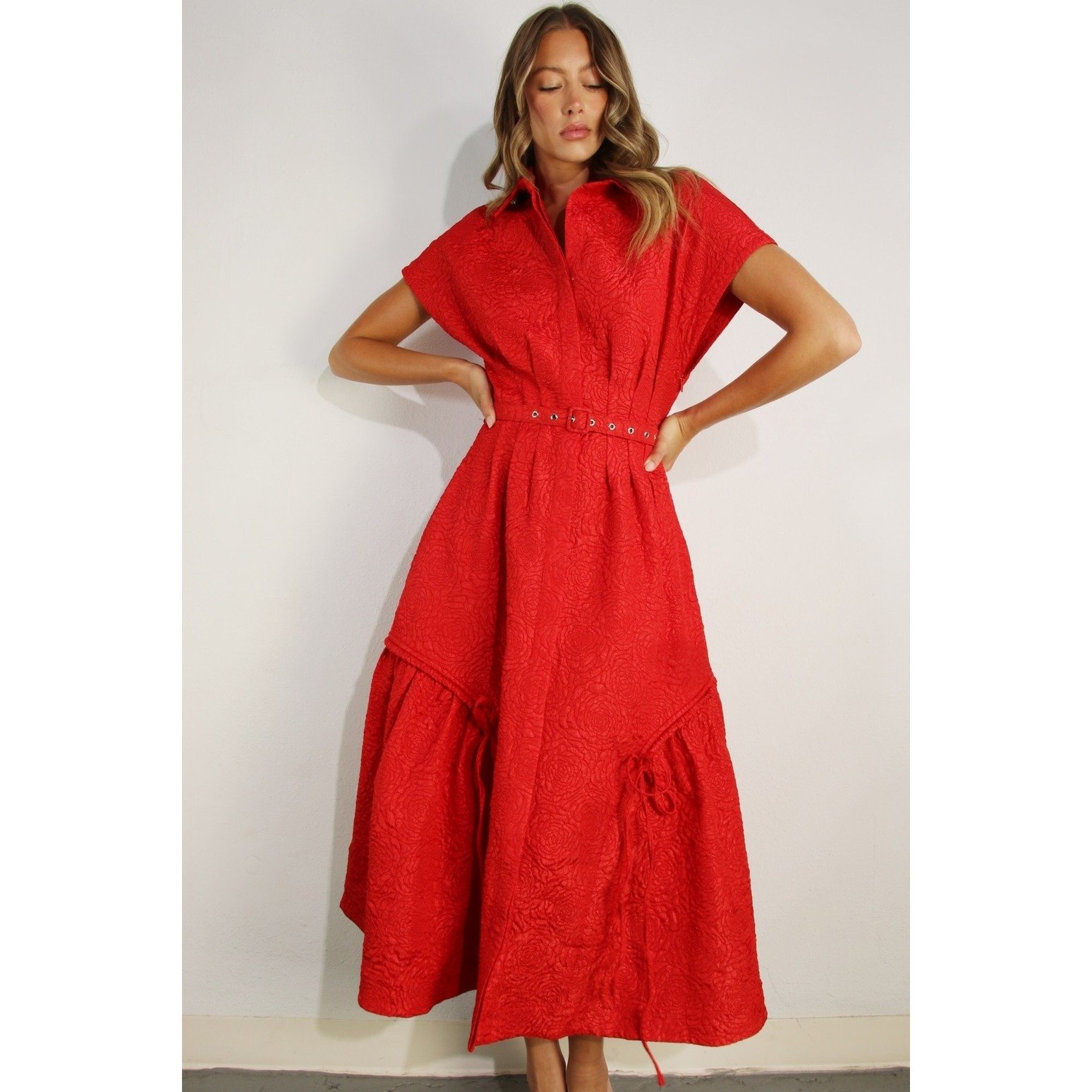 Floral Embossed Button Dress Red