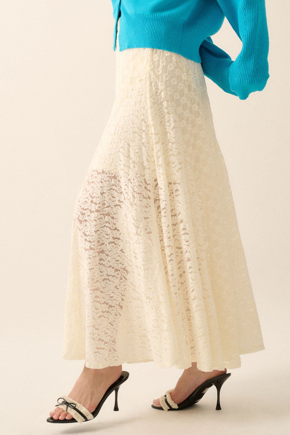Floral Lace Panel Maxi Skirt Cream