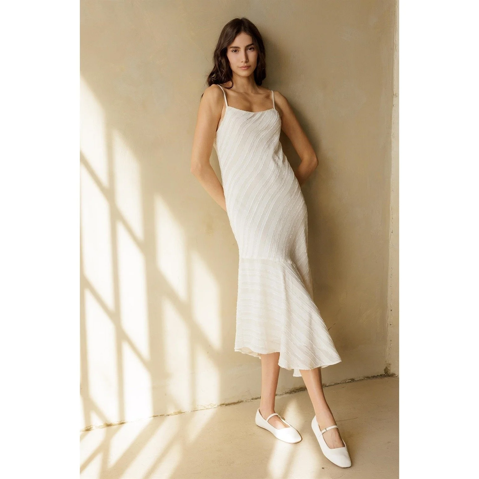 Asymmetric Ruffled Midi Slip Dress Cream