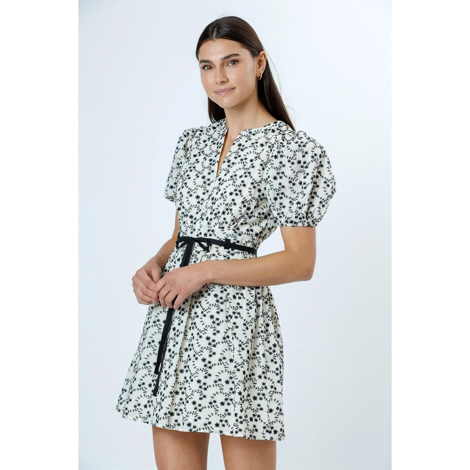 Floral Eyelet Puff Sleeve Mini Dress Black & Ivory