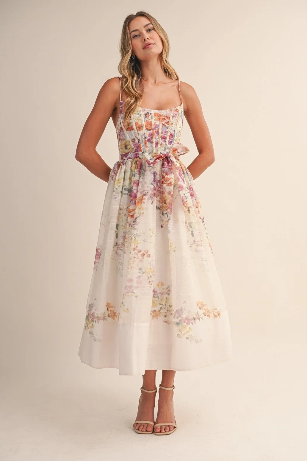 Organza Corset Midi Dress Watercolor Floral