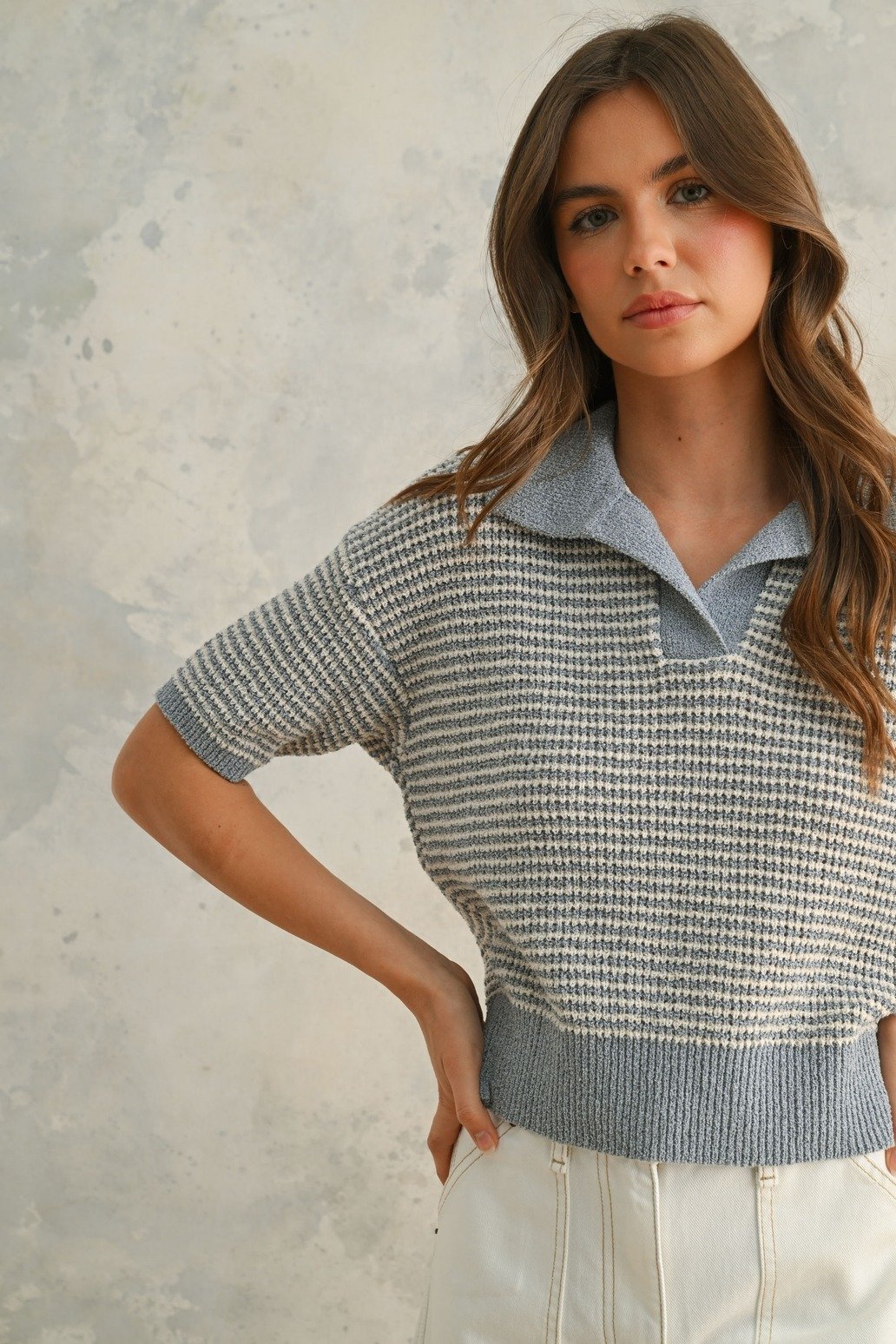 Polo Knit Sweater Cream & Cornflower
