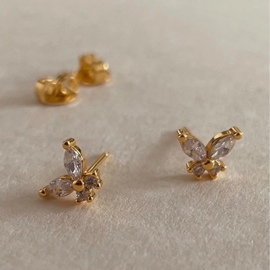 Mini Butterfly Studs White Stone & Gold