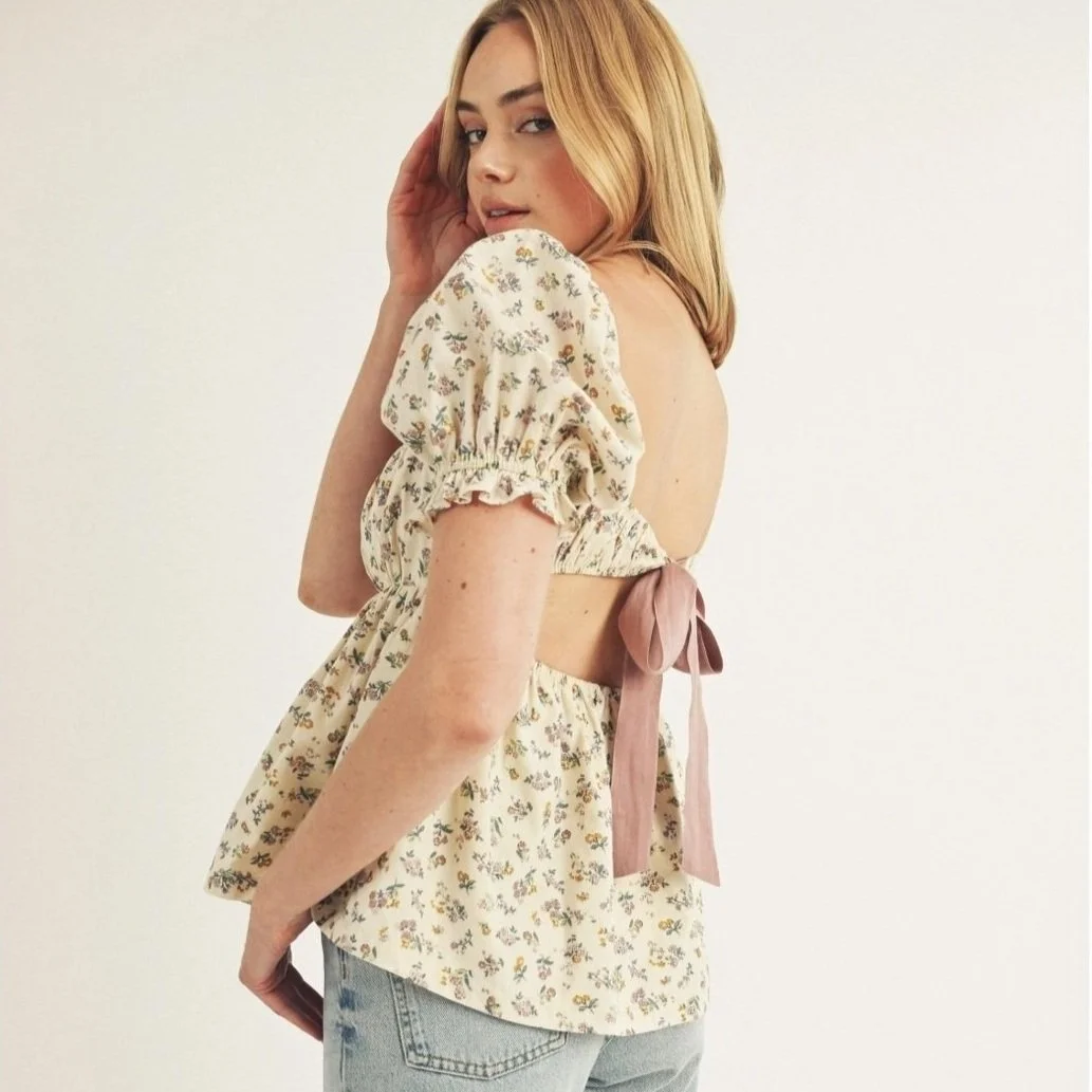 Ribbon Back Babydoll Blouse Dusty Floral