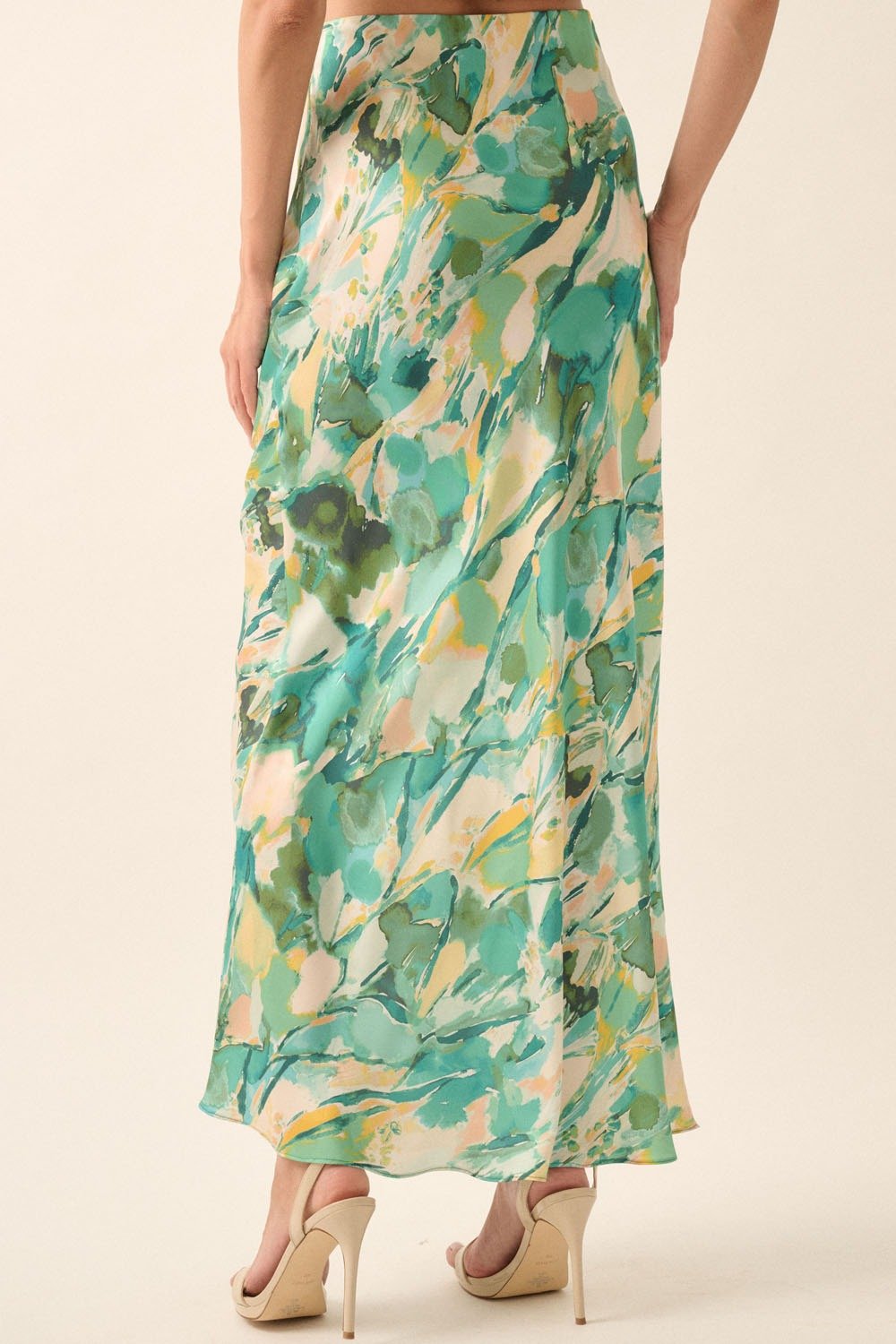 Abstract Print Satin Maxi Skirt Green