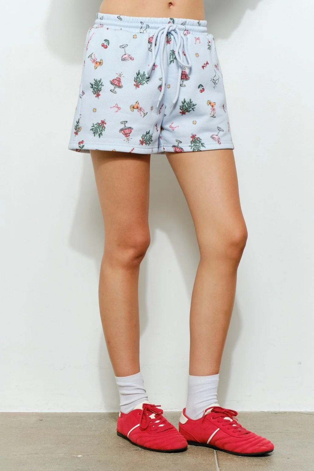 Retro Christmas Print Sweatshorts Baby Blue