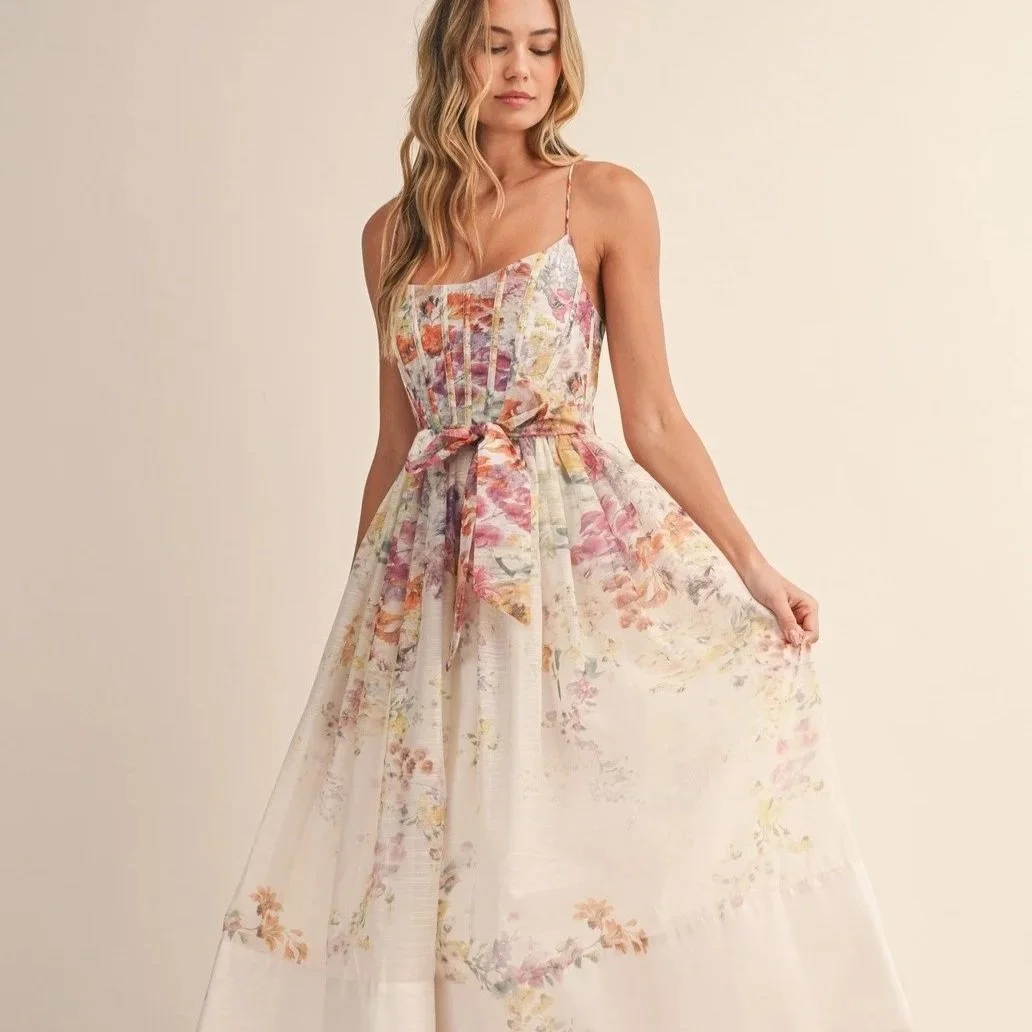 Organza Corset Midi Dress Watercolor Floral
