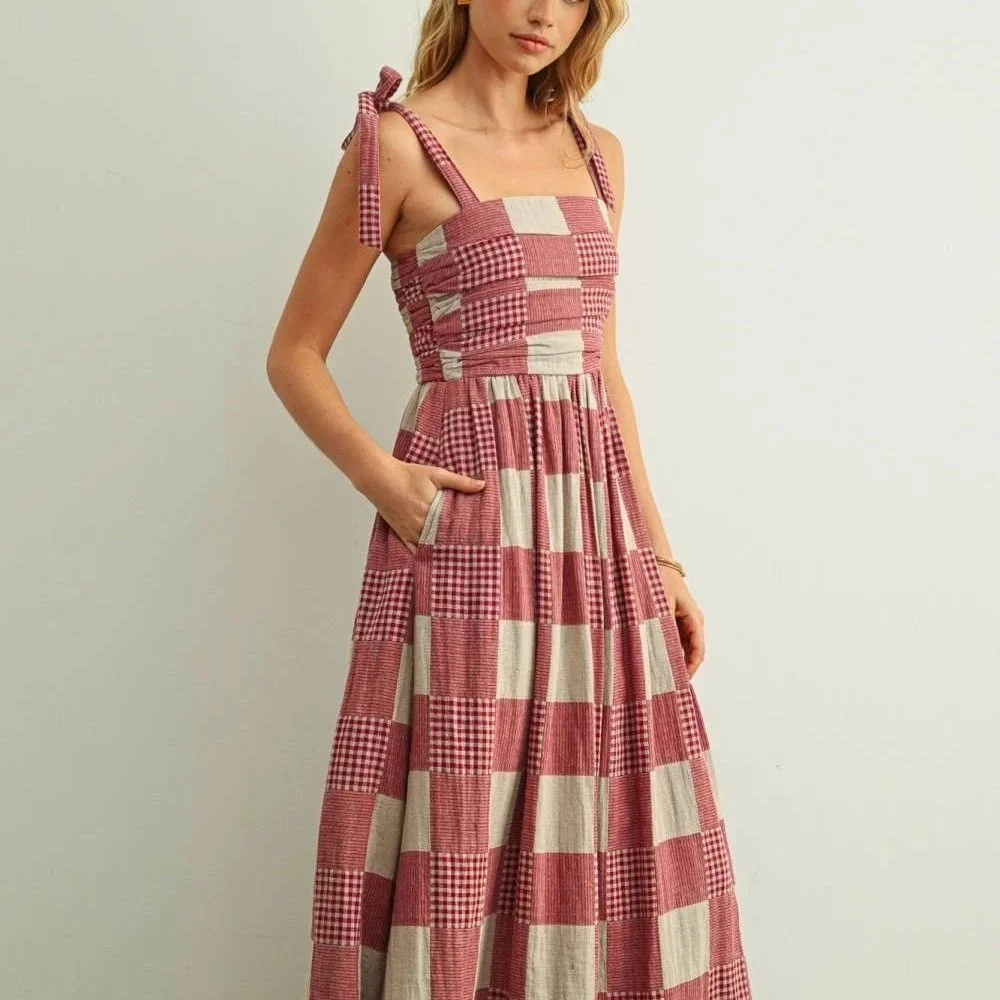 Gingham & Stripe Patchwork Dress Red