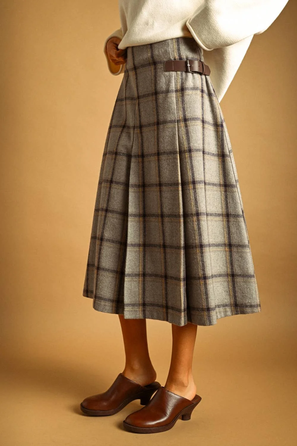 Pleated Midi Wrap Skirt Gray Multi Plaid