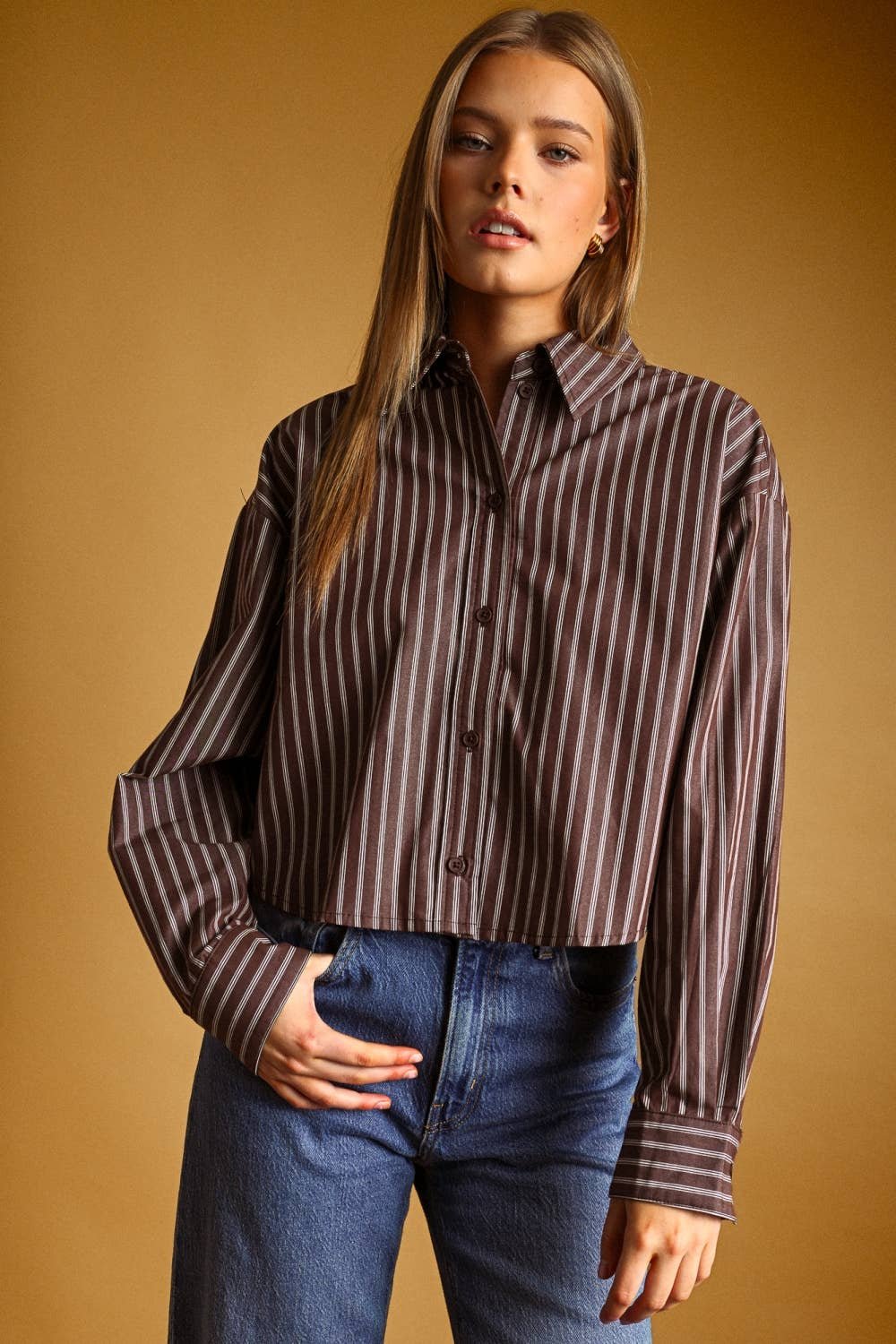 Striped Cropped Poplin Button Down Chocolate