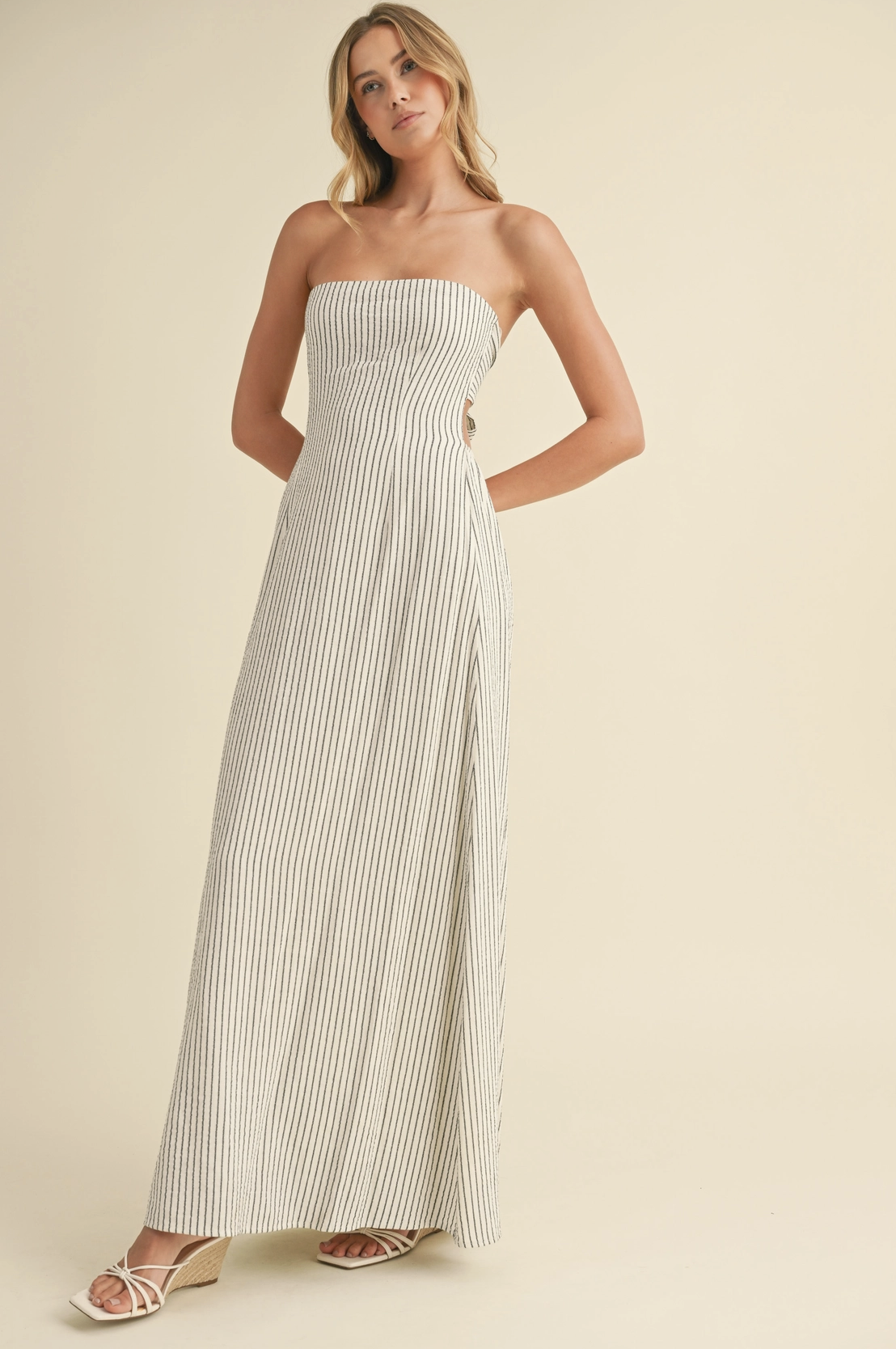 Strapless Tie Back Maxi Dress Linen Stripe