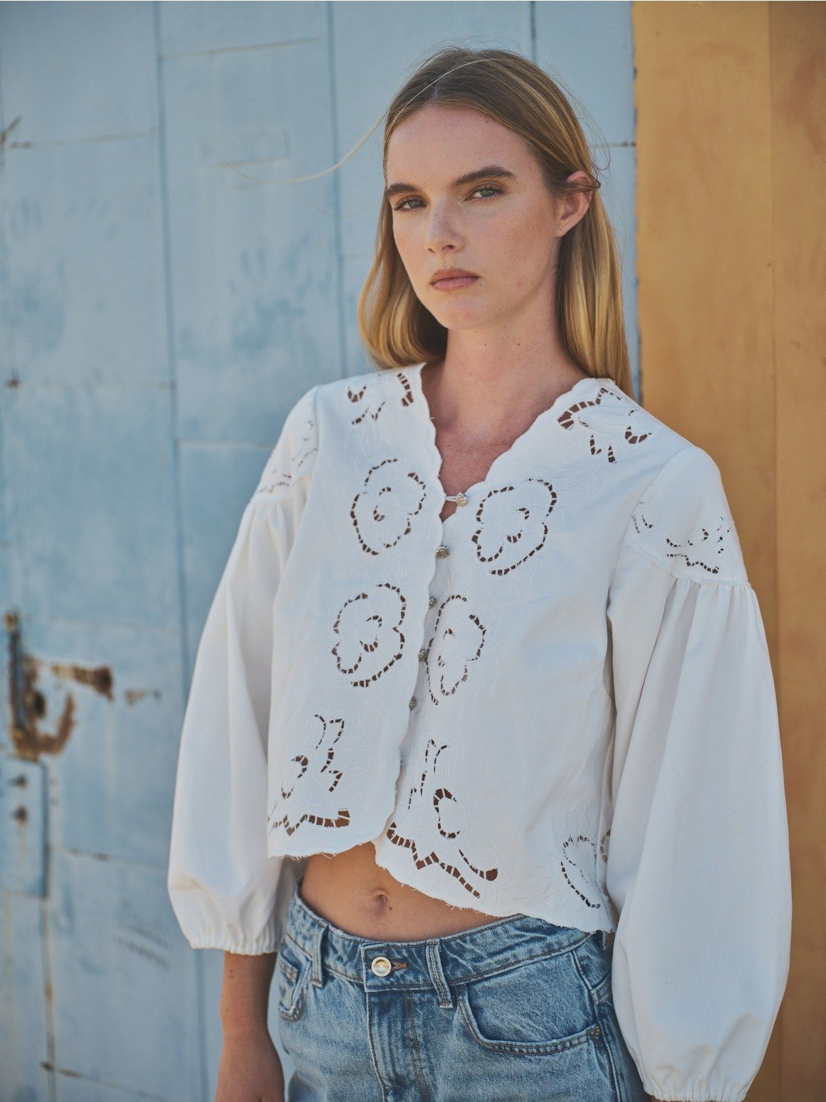 Embroidered Flower V-neck Button Blouse White