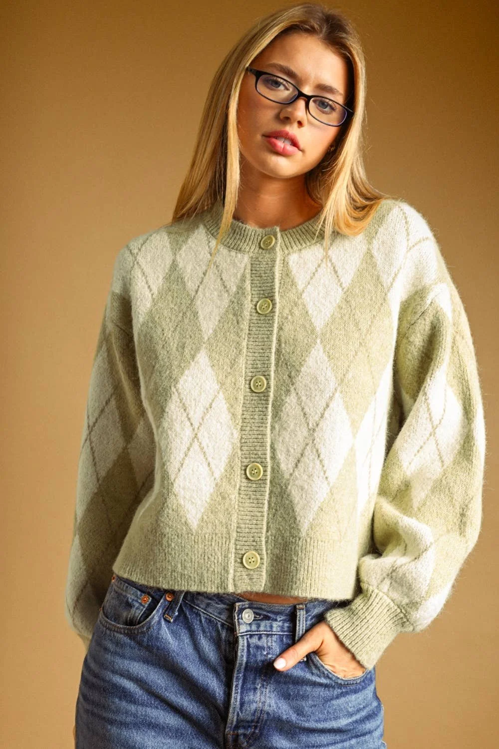 Argyle Button Front Cardigan Matcha