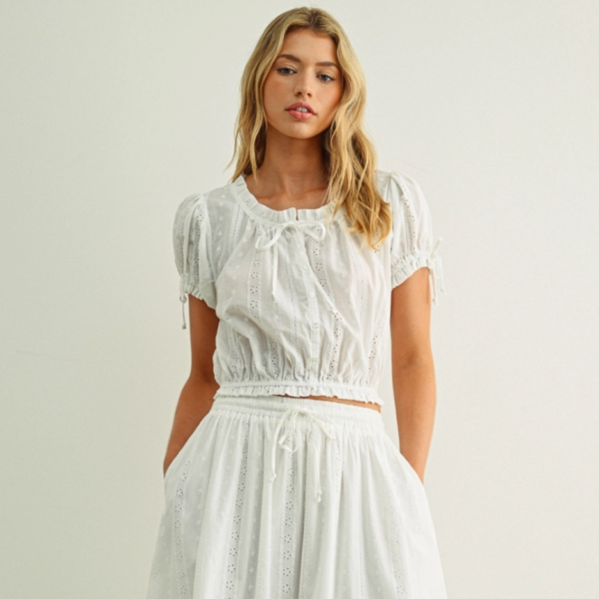 Embroidered Eyelet Peasant Top White