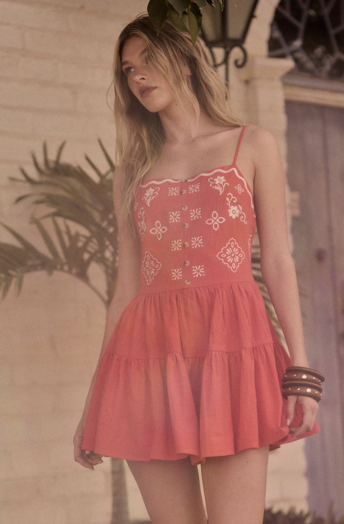 Bandana Embroidery Tiered Ruffle Romper Red Orange