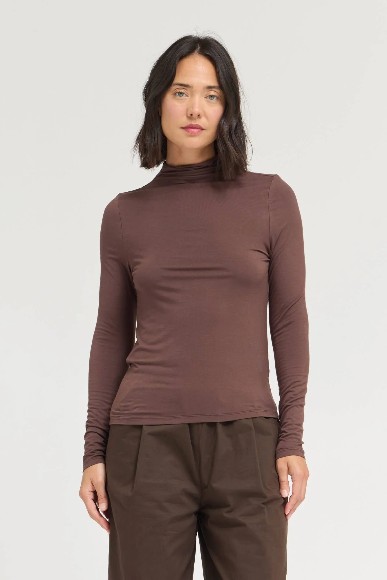 Basic Modal Turtleneck Top Ash Brown