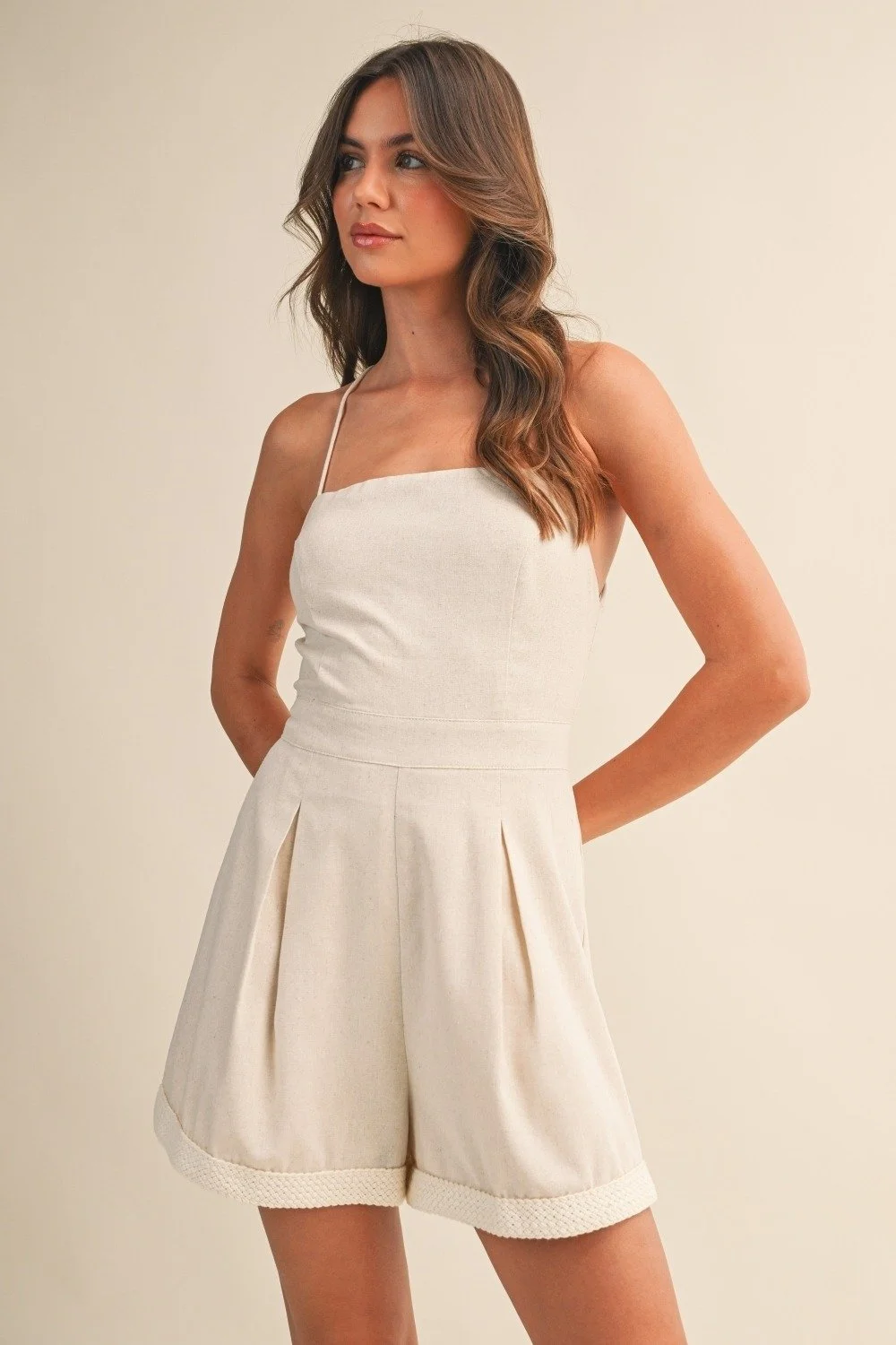 Back Tie Pleated Linen Romper Natural