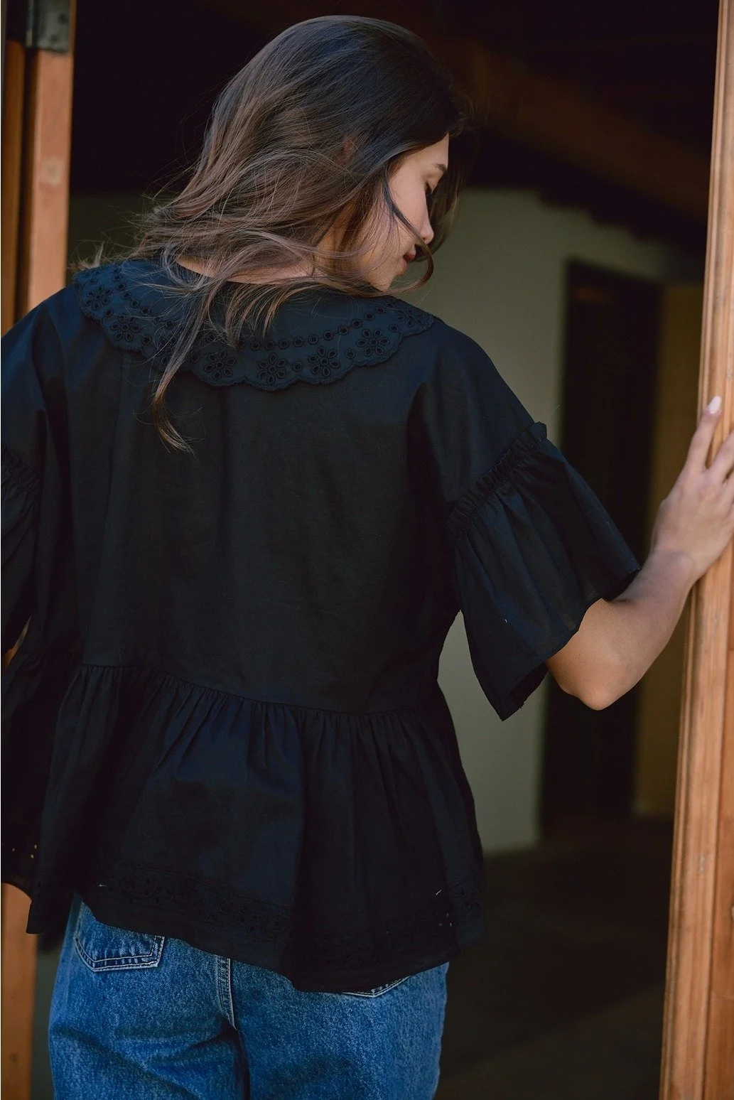 Eyelet Trim Ruffle Collar Blouse Black
