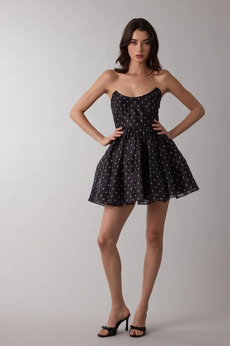 Strapless Corset Mini Dress Black Polka Dot