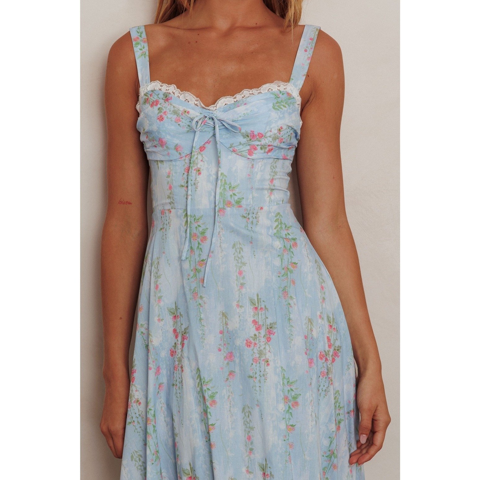 Lace Trimmed Midi Sundress Blue Floral