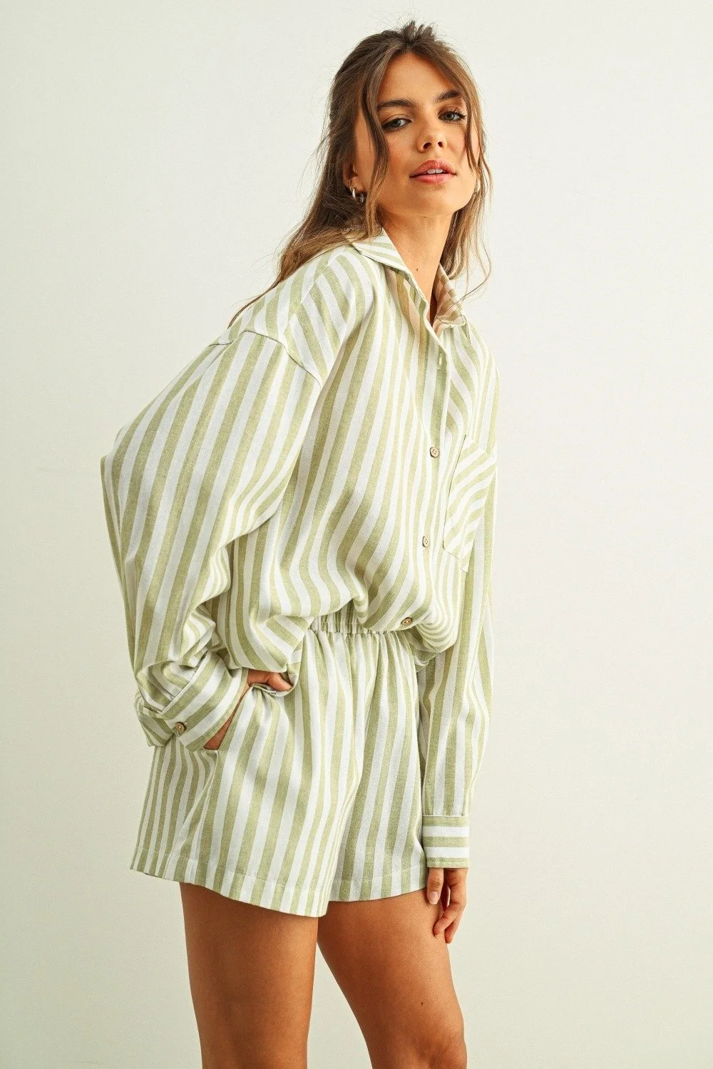 Linen Collared Button Down Sage & White Stripe