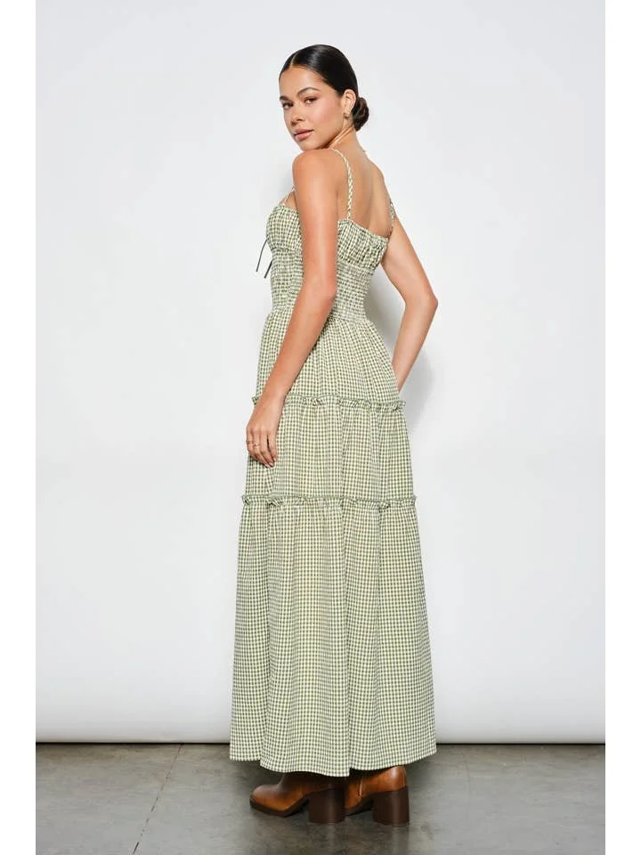 Carol Smocked Tiered Maxi Dress Olive Gingham