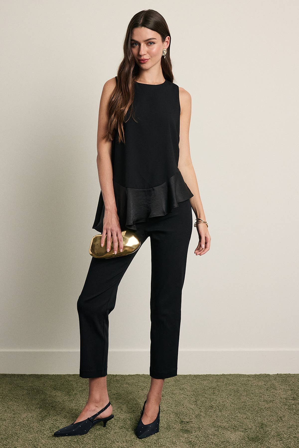 Satin Ruffle Hem Sleeveless Blouse Black
